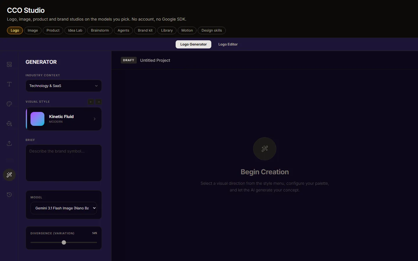 CCO Studio standalone: a tab row with Logo, Image, Product, Branding Ideas, Brainstorm, Agents, Brand kit, Library, Motion and Design skills, and the Logo Generator with industry context, visual style, a brief box and a model picker.